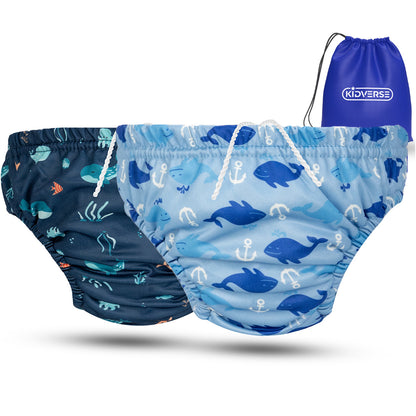 2er Set Wiederverwendbare Baby Schwimmwindel mit Gummibund 0-24 Monate in dunkelblau mit Wal & Unterwasserpflanzen Muster und in hellblau mit Wal & Anker Muster