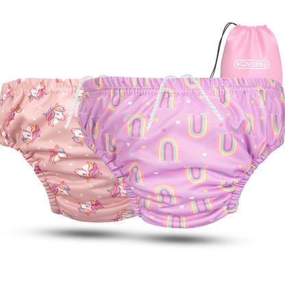 2er Set Wiederverwendbare Baby Schwimmwindel mit Gummibund 0-24 Monate in pink mit Einhorn Muster und in lila mit Regenbogen Muster