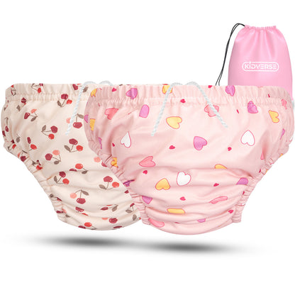 2er Set Wiederverwendbare Baby Schwimmwindel mit Gummibund 0-24 Monate in beige mit Kirsch Muster und in pink mit Herz Muster