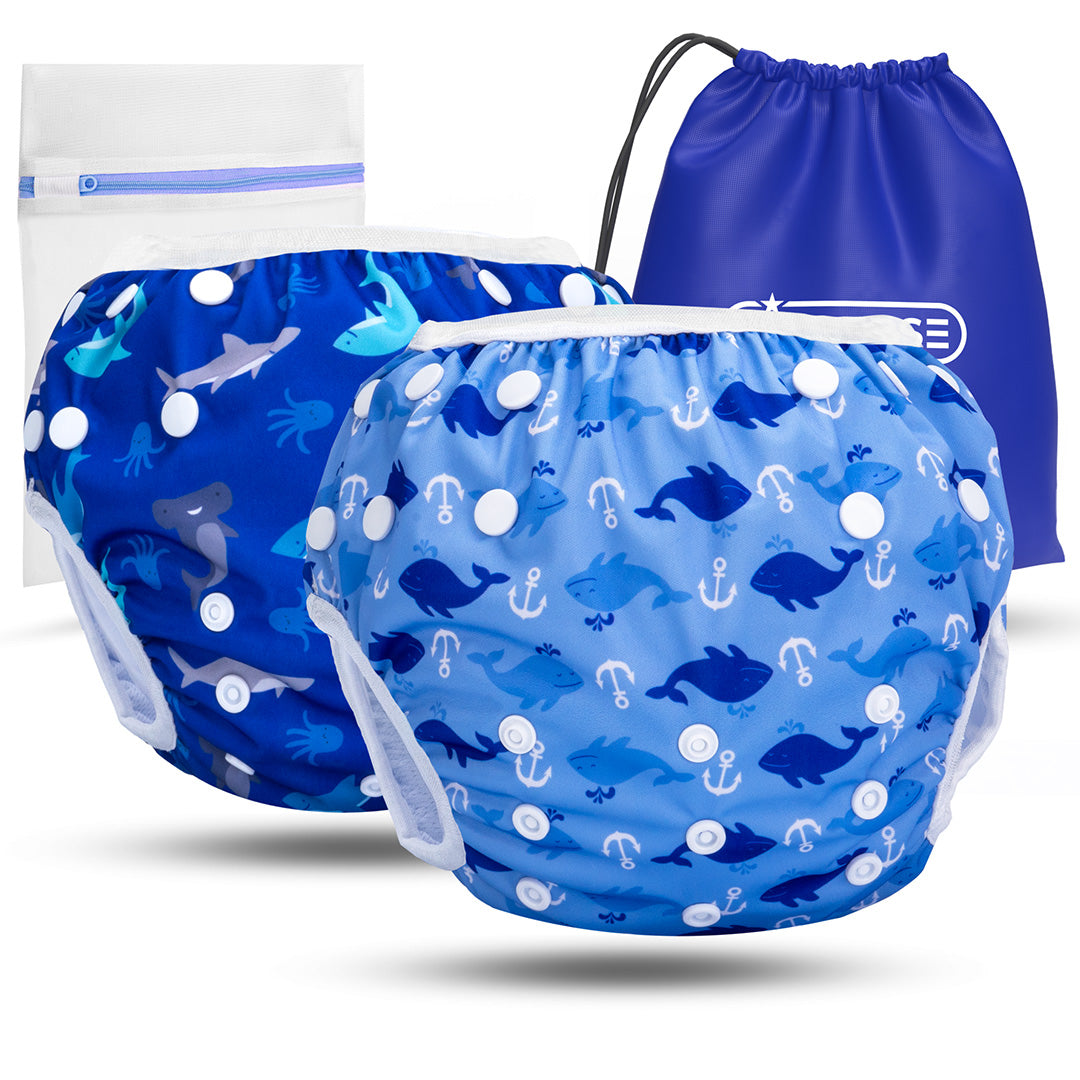 2er Set wiederverwendbare Baby Schwimmwindeln mit Druckknöpfen von 0-3 Jahre in Blau mit Hai & Quallen Muster und in hellblau mit Wal & Anker Muster