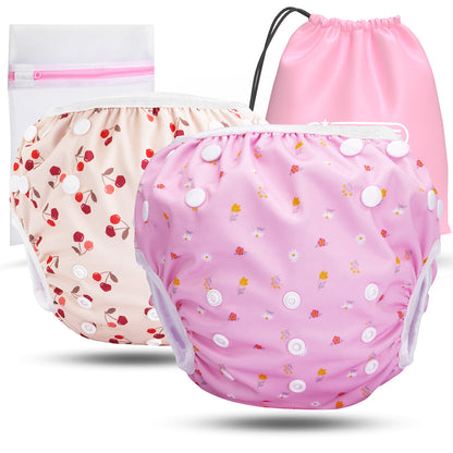 2er Set wiederverwendbare Baby Schwimmwindeln mit Druckknöpfen von 0-3 Jahre in beige mit Kirsch Muster und in hellem Lila mit Blumen Muster