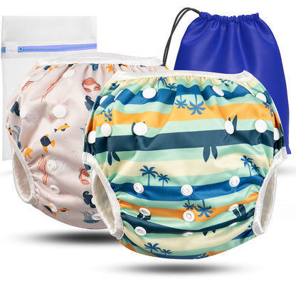 2er Set wiederverwendbare Baby Schwimmwindeln mit Druckknöpfen von 0-3 Jahre in beige mit Meerestier Muster und in Turqouise mit Palmen Muster