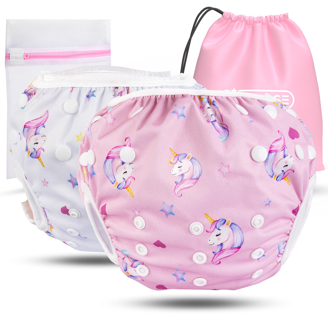 2er Set wiederverwendbare Baby Schwimmwindeln mit Druckknöpfen von 0-3 Jahre in weiß mit Einhorn Muster und in rosa mit Einhorn Muster