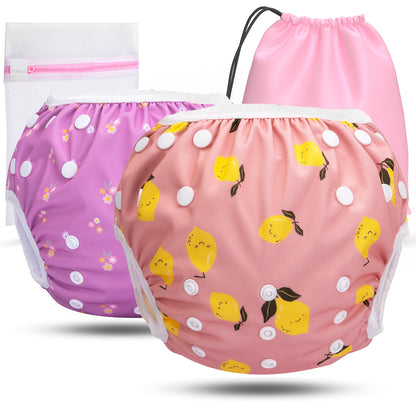 2er Set wiederverwendbare Baby Schwimmwindeln mit Druckknöpfen von 0-3 Jahre in Lila mit Blumen Muster und in rosa mit Zitronen Muster