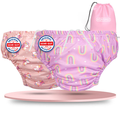 Baby-Schwimmwindel im zweier Set von 0 bis 24 Monate in den Varianten Einhorn und Lila