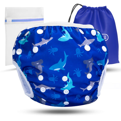 Wiederverwendbare Baby Schwimmwindel mit Druckknöpfen von 0-3 Jahre in blau mit einem Hai und Quallen Muster