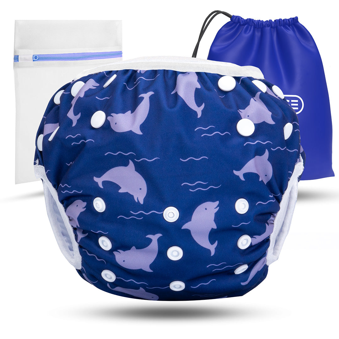 Wiederverwendbare Baby Schwimmwindel mit Druckknöpfen von 0-3 Jahre in blau mit Delfin Muster