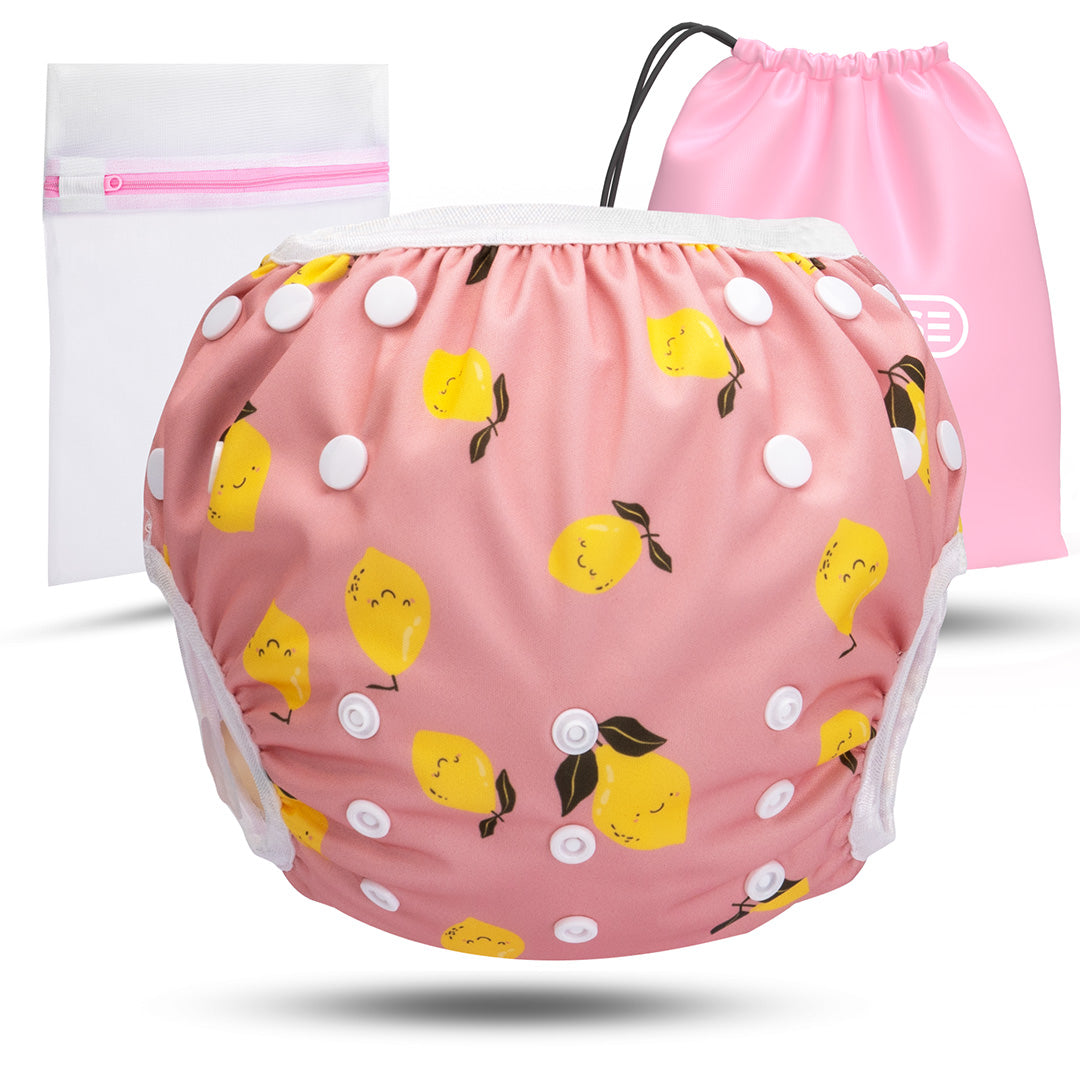 Wiederverwendbare Baby Schwimmwindel mit Druckknöpfen von 0-3 Jahre in rosa mit Zitronen Muster