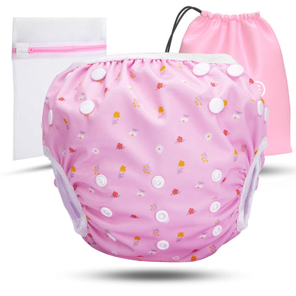 Wiederverwendbare Baby Schwimmwindel mit Druckknöpfen von 0-3 Jahre in lila mit Blumen Muster