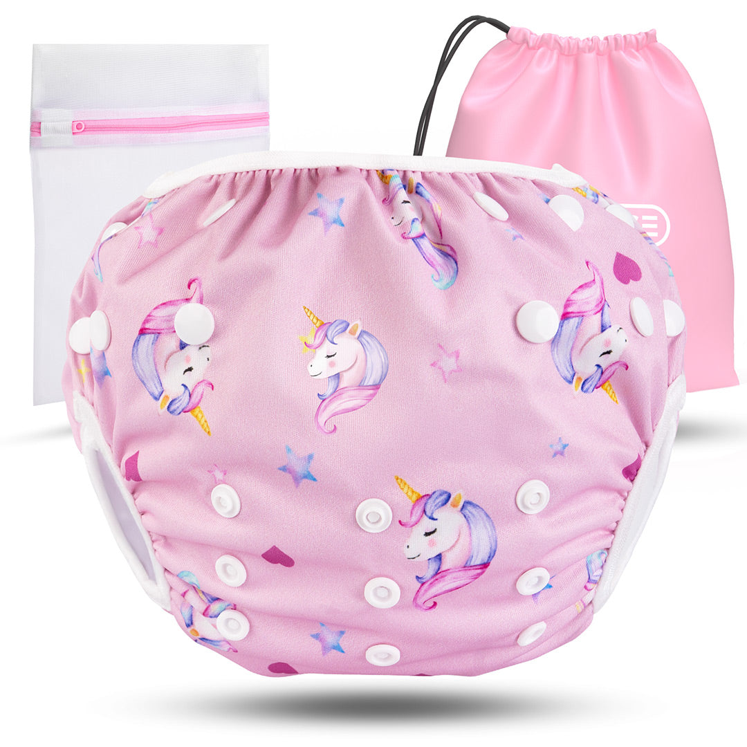 Wiederverwendbare Baby Schwimmwindel mit Druckknöpfen von 0-3 Jahre in pink mit Einhorn Muster