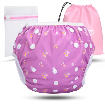 Wiederverwendbare Baby Schwimmwindel mit Druckknöpfen von 0-3 Jahre in lila mit Blumen Muster