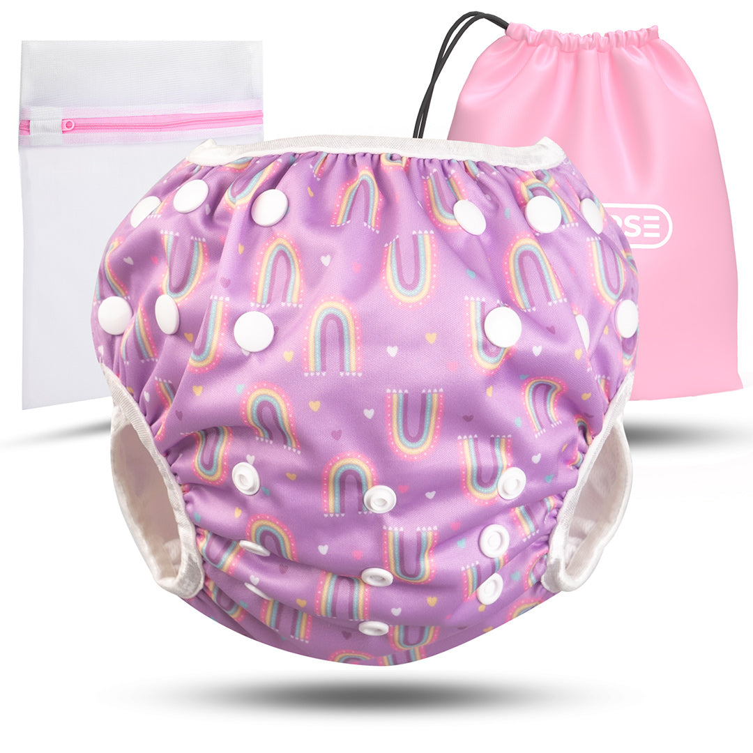 Wiederverwendbare Baby Schwimmwindel mit Druckknöpfen von 0-3 Jahre in lila mit Regenbogen Muster