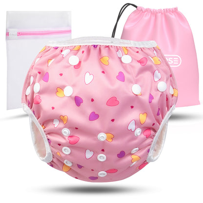 Wiederverwendbare Baby Schwimmwindel mit Druckknöpfen von 0-3 Jahre in rosa mit Herz Muster