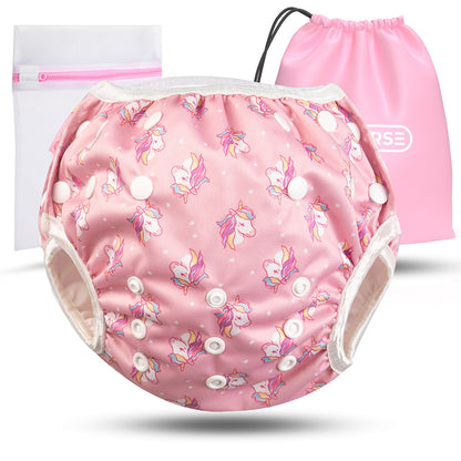 Wiederverwendbare Baby Schwimmwindel mit Druckknöpfen von 0-3 Jahre in rosa mit Einhorn Muster