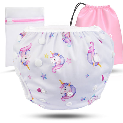 Wiederverwendbare Baby Schwimmwindel mit Druckknöpfen von 0-3 Jahre in Weiß mit Einhorn Muster