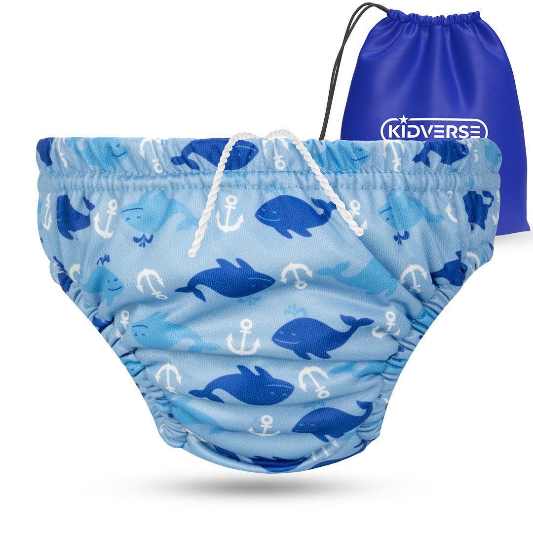 Wiederverwendbare Baby Schwimmwindel mit Gummibund 0-24 Monate in hellblau mit Wal & Anker Muster