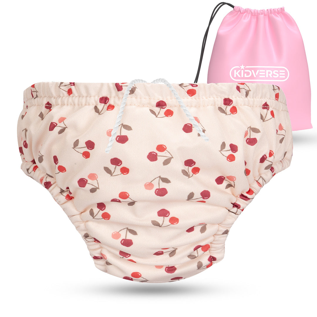 Wiederverwendbare Baby Schwimmwindel mit Gummibund 0-24 Monate in Beige mit Kirsch Muster