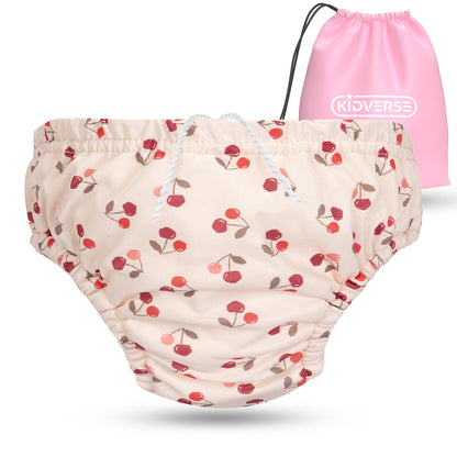 Wiederverwendbare Baby Schwimmwindel mit Gummibund 0-24 Monate in Beige mit Kirsch Muster