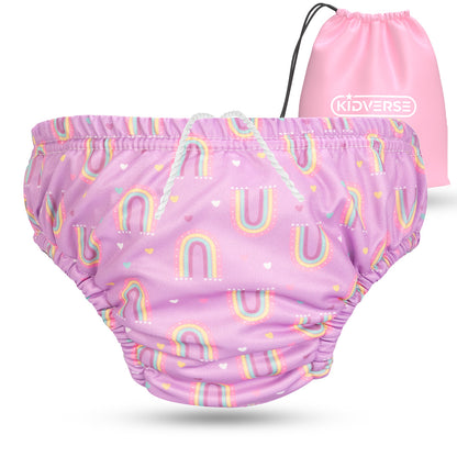 Wiederverwendbare Baby Schwimmwindel mit Gummibund 0-24 Monate in Lila mit Regenbogen Muster