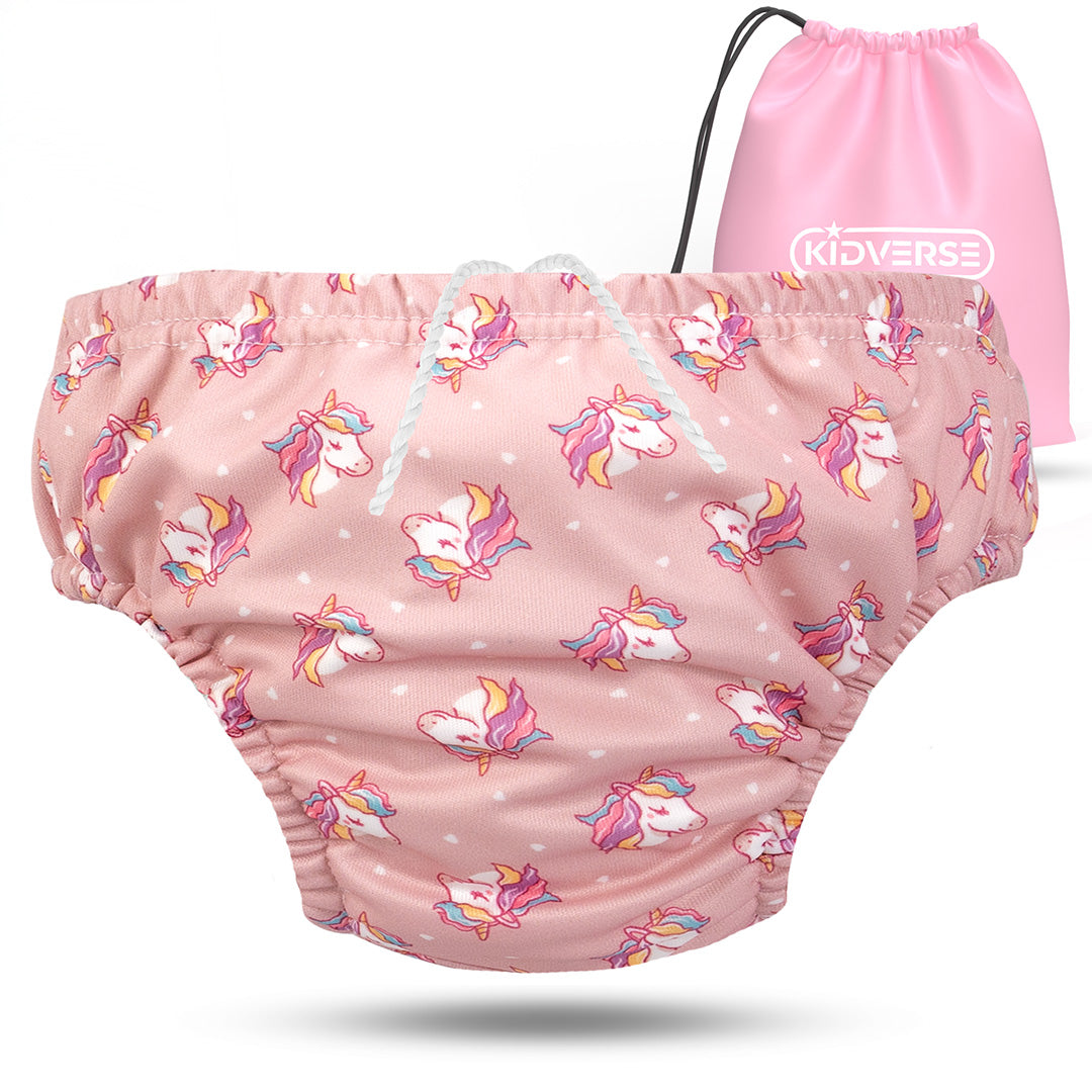Wiederverwendbare Baby Schwimmwindel mit Gummibund 0-24 Monate in Pink mit Einhorn Muster