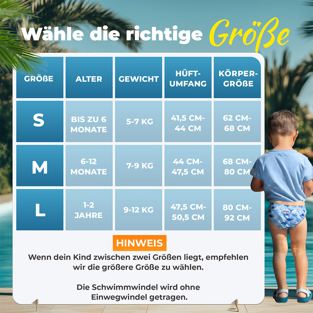 Größentabelle der Baby Schwimmwindel von 0 bis 24 Monate für Mädchen