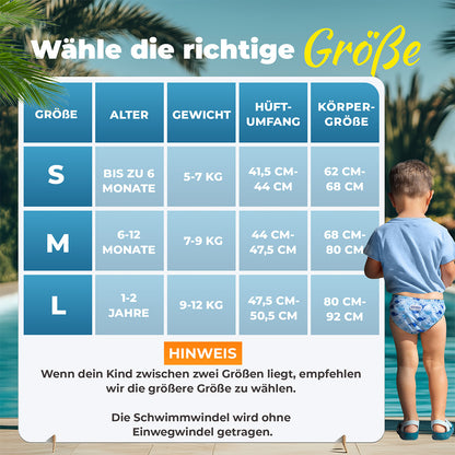 Größentabelle der Baby Schwimmwindel von 0 bis 24 Monate für Mädchen