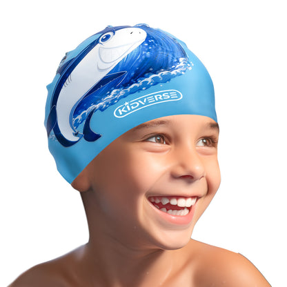 Kinderbadekappe für Jungen in der Farbe Blau mit Hai Motiv