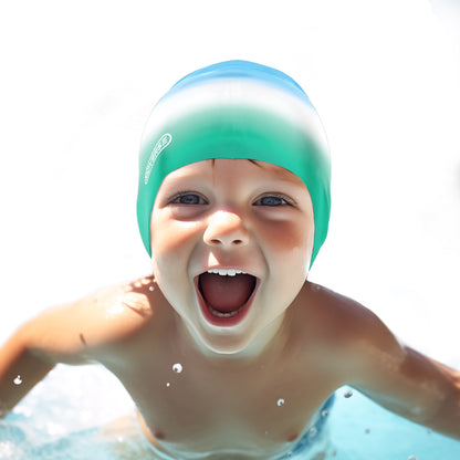 Kinderbadekappe für Jungen in Blau weiss Türkis Farbverlauf