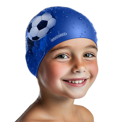 Kinderbadekappe für Jungen in Blau mit einem Fußball Motiv