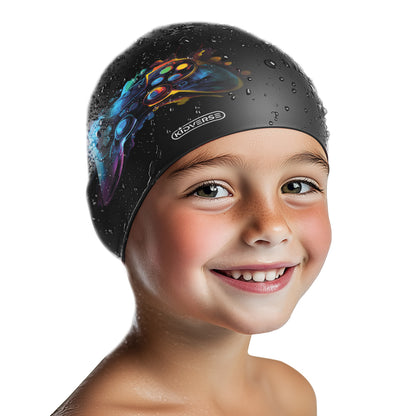 Kinderbadekappe für Jungen in Schwarz mit einem Controller Motiv