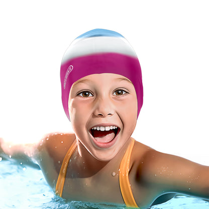 Kinderbadekappe für Mädchen in Pink Weiß Blau Farbverlauf