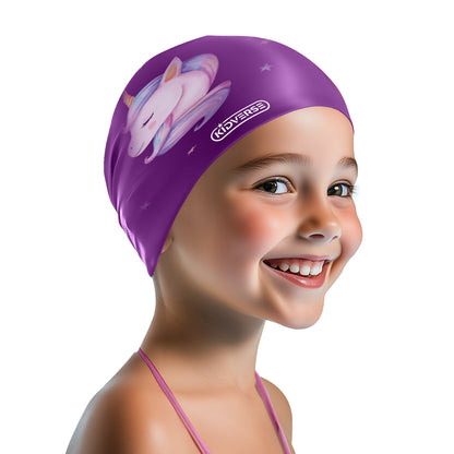Kinderbadekappe für Mädchen in Violett mit Einhorn Motiv