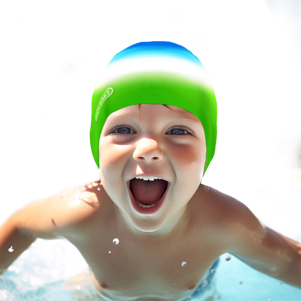 Kinderbadekappe für Jungen in Dunkelblau weiss Grün Farbverlauf