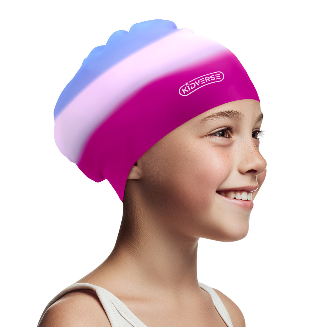 Kinderbadekappe für Mädchen mit langen Haaren in Blau Weiß Rosa Farbverlauf