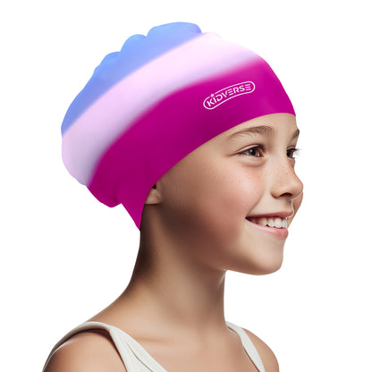 Kinderbadekappe für Mädchen mit langen Haaren in Blau Weiß Rosa Farbverlauf