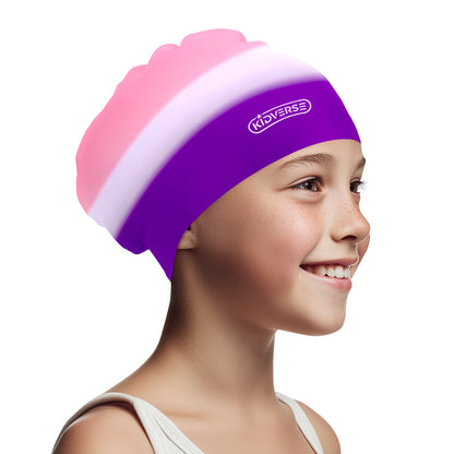 Kinderbadekappe für Mädchen mit langen Haaren in Lila Rosa Weiß Farbverlauf
