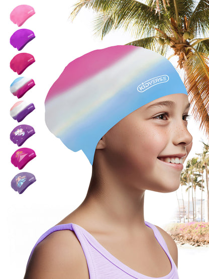 Kinderbadekappe für Mädchen mit langen Haaren in Pink Weiß Blau Farbverlauf