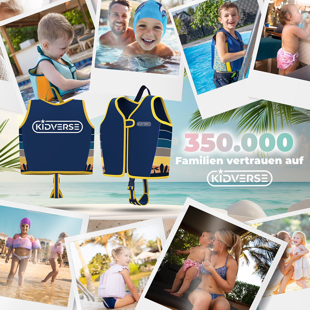 Abbildung der Kinderschwimmweste für Jungen in dunkelblau mit Bildern in Aktion. Text: 350000 Familien vertrauen auf Kidverse