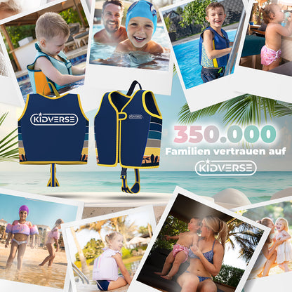 Abbildung der Kinderschwimmweste für Jungen in dunkelblau mit Bildern in Aktion. Text: 350000 Familien vertrauen auf Kidverse