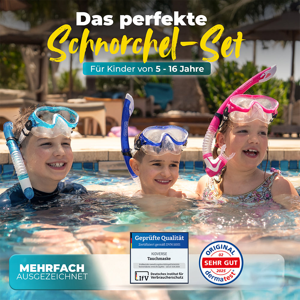 Kinder im Pool mit allen Varianten des Schnorchel Sets und der Überschrift: Das perfekte Schnorchel Set für Kinder von 5 - 16 Jahre. Mehrfach ausgezeichnet