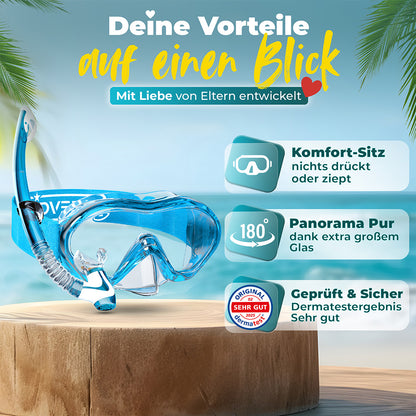 Schnorchelset mit Strapband am Strand mit der Überschrift: Deine Vorteile auf einen Blick. Komfort Sitz, nichts drückt oder ziept. Panorama Pur, dank extra großem Glas