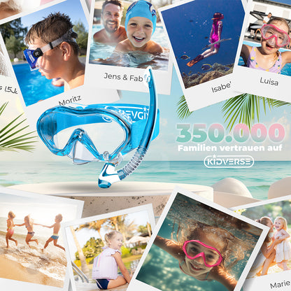 Abbildung eines Schnorchelsets mit Strapband am Strand. Am Bildrand sind mehrere Fotos zu sehen, die das Schnorchelset in Aktion zeigen. Text im Bild: 350.000 Familien vertrauen auf Kidverse