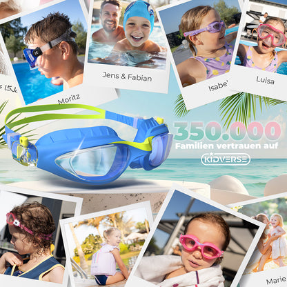 Abbildung der Kinderschwimmbrille. Am Bildrand werden Bilder von glücklichen Momenten gezeigt mit der Kidverse Schwimmbrille. 350000 Familien vertrauen auf Kidverse