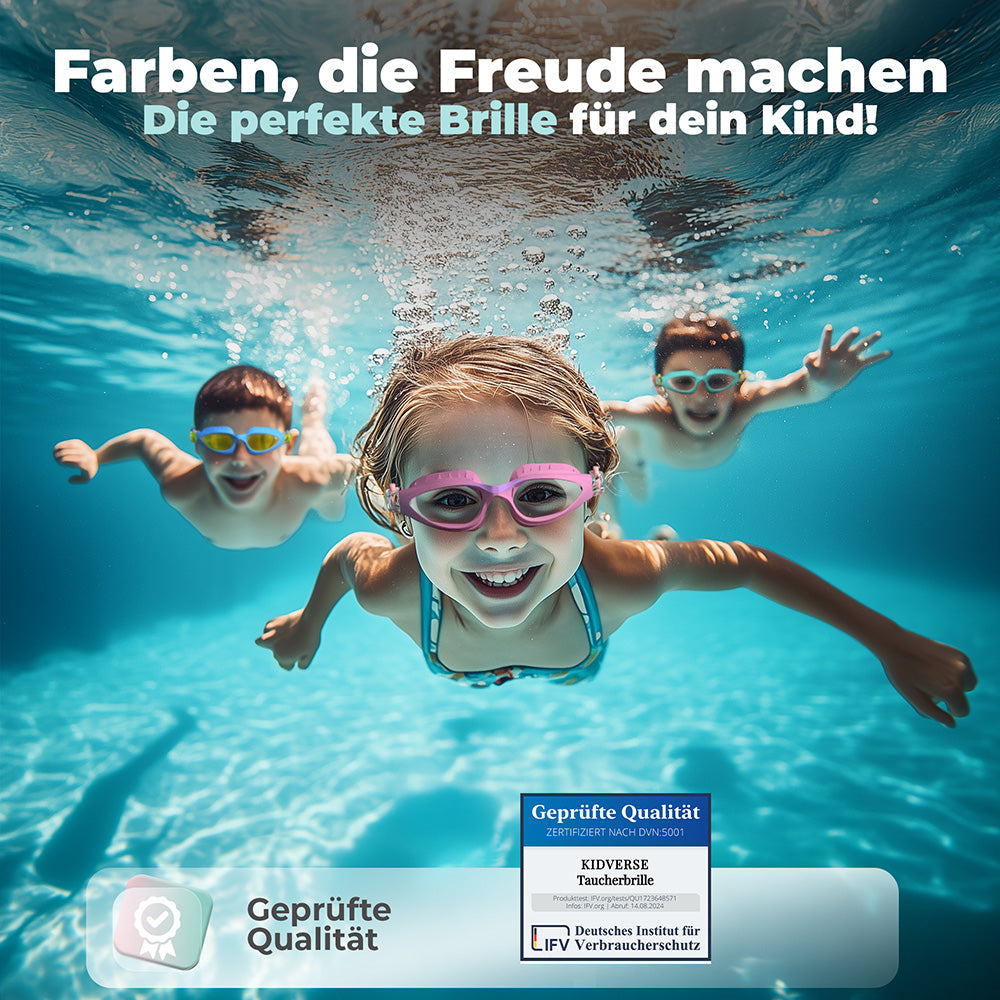 Kinder tauchen mit drei verschiedenen Schwimmbrillen in bunten Farben. Text im Bild: Farben, die Freude machen die perfekte Schwimmbrille für dein Kind. Geprüfte Qualität