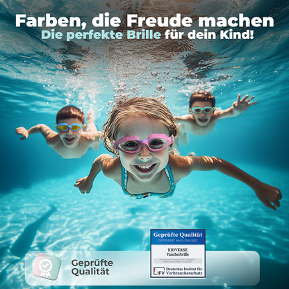 Kinder tauchen mit drei verschiedenen Schwimmbrillen in bunten Farben. Text im Bild: Farben, die Freude machen die perfekte Schwimmbrille für dein Kind. Geprüfte Qualität