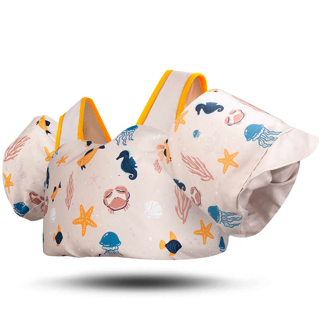 Schwimmweste mit Schwimmflügel für Kinder in beige mit Meeresmotiven
