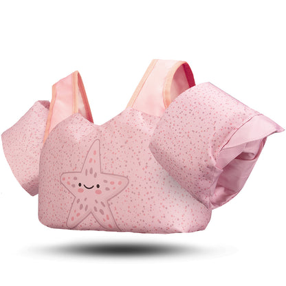 Kinder-Schwimmweste mit integrierten Schwimmflügeln in rosa mit Seestern Muster