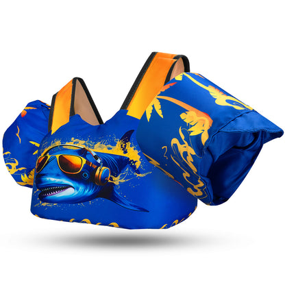 Schwimmweste mit Schwimmflügel für Kinder in Blau mit einem Hai Motiv