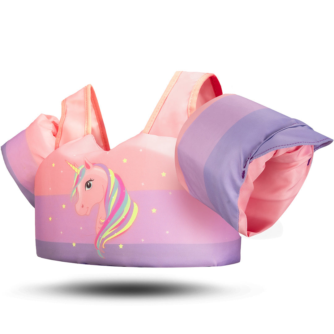Kinder-Schwimmweste mit integrierten Schwimmflügeln in lila mit Einhorn Muster