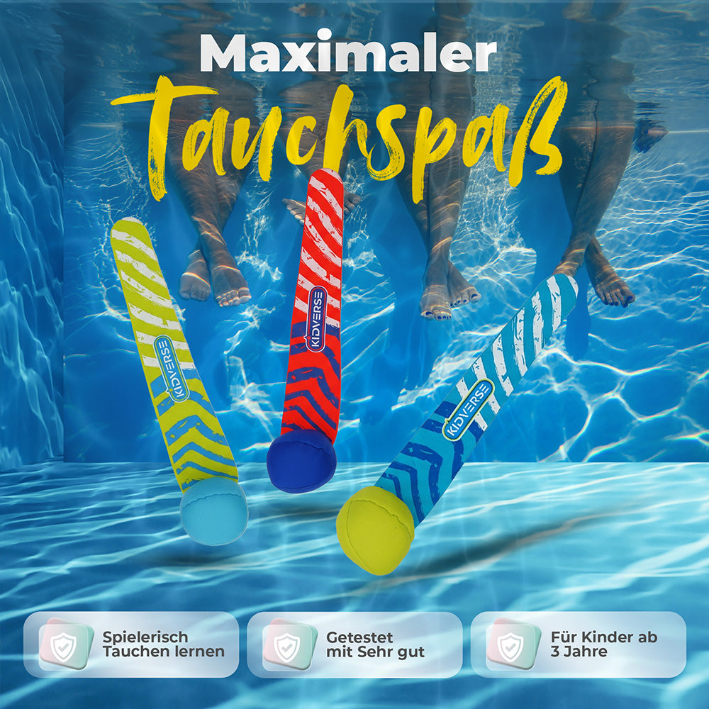 Tauchbälle Unterwasser mit dem Text Maximaler Tauchspaß. Spielerisch Tauchen lernen, getestet mit sehr gut und für Kinder ab 3 Jahre